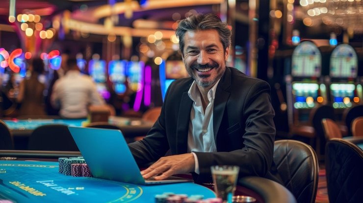 Antarmuka papan peringkat turnamen live dealer dengan nama pemain dan saldo chip